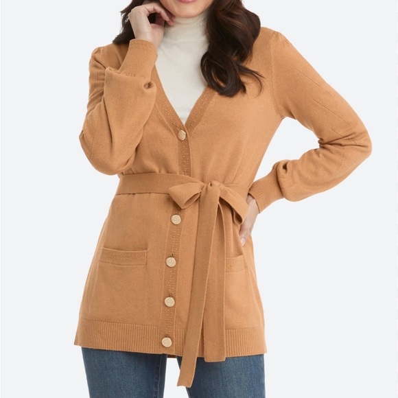 Draper James Women's Tan Belted Cardigan Sweater Gold Buttons - Picture 1 of 7